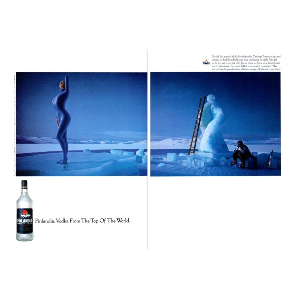 1993 Finlandia Vodka Savonlinna Ice Carving 2pg Vintage Print Ad Speedskater Art